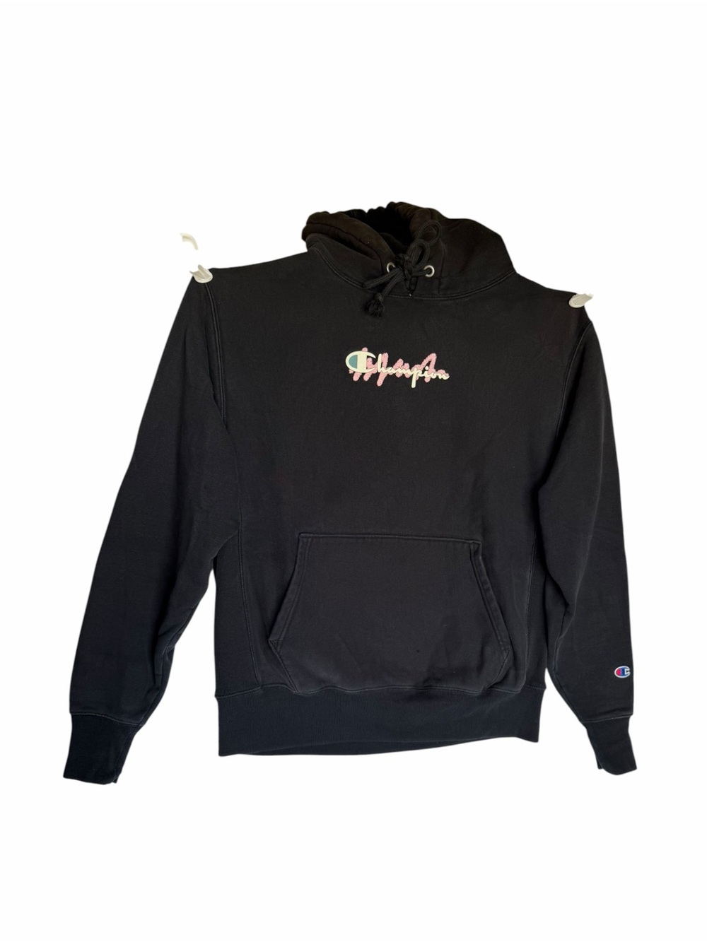 Unisex Champion Black Hooded Sweatshirt with Script Logo